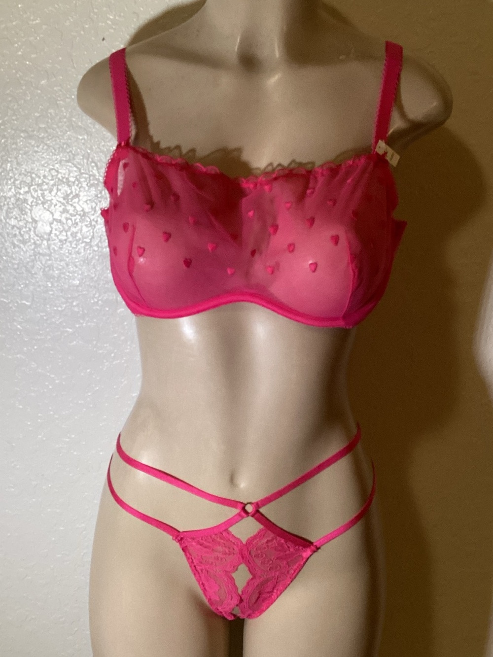 Victoria's Secret Sheer Hot Pink Heart Embroidered Bra & Strappy Lace Thong Set
